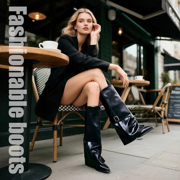 Women's Burgundy Fold Over Pointed Toe Kitten Heels Wide Calf Minimalist Boots - Picture 3 of 5